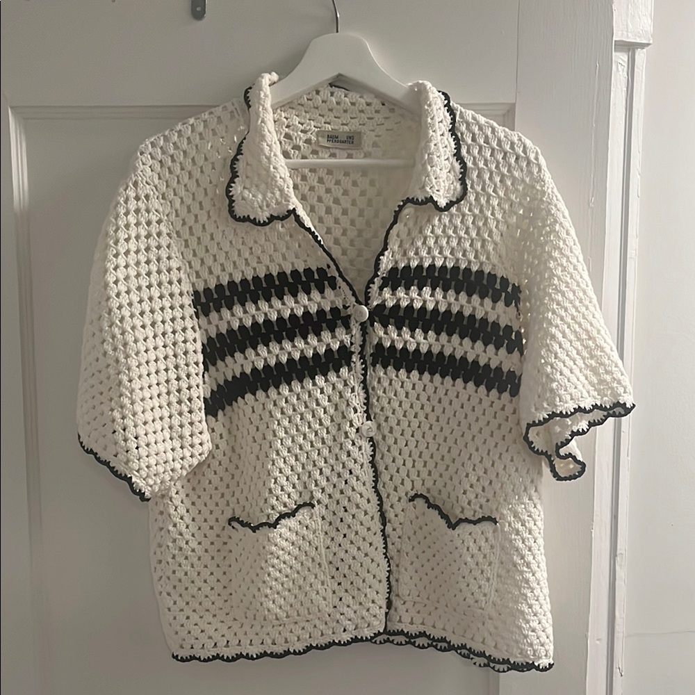 White and Black Knit Cardigan Sweater
